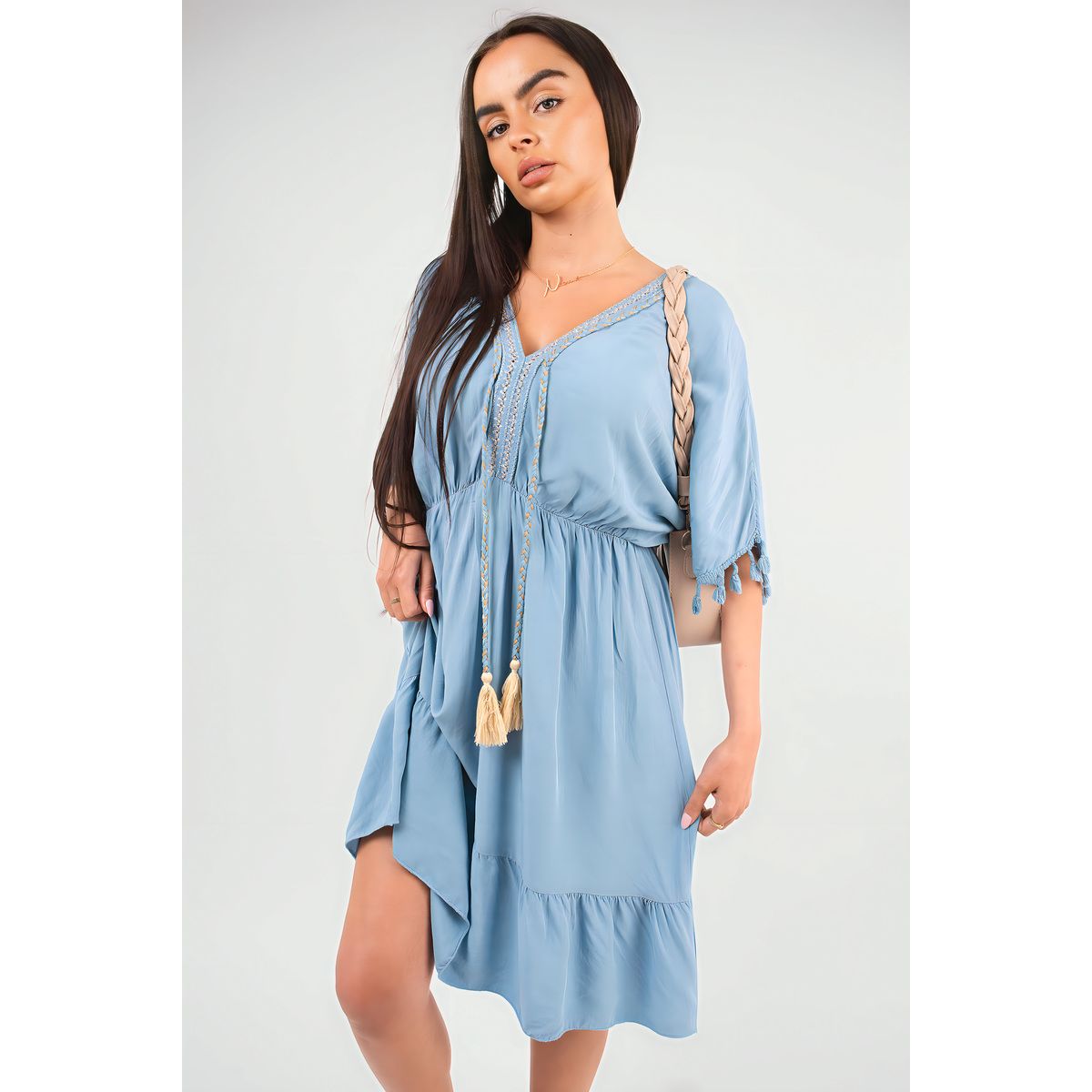 Short Sleeve Midi Dress with Tassel Detail