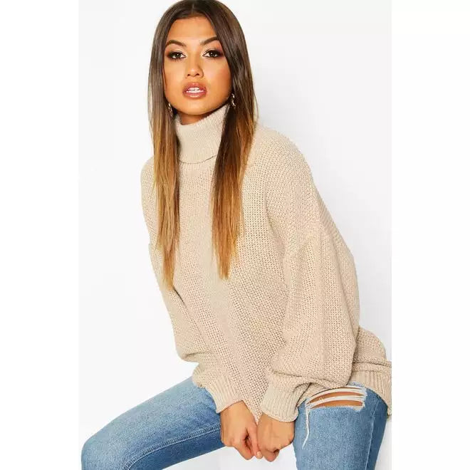 BEIGE KNITTED HIGH NECK OVERSIZED JUMPER DRESS
