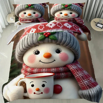 Latacaca 2/3pcs Cute Snowman Face Mug Pattern Duvet Cover Set Winter Holiday Merry Christmas Theme Gift Bedding Set Soft Cozy Lightweight Comforter Cover Pillowcases Machine Washable All Seasons Bedroom Decor - Beyond paradise