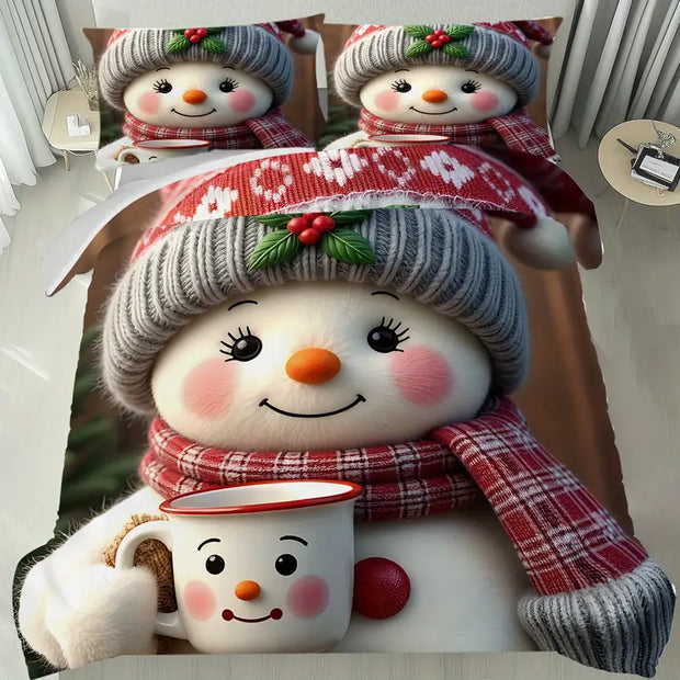 Latacaca 2/3pcs Cute Snowman Face Mug Pattern Duvet Cover Set Winter Holiday Merry Christmas Theme Gift Bedding Set Soft Cozy Lightweight Comforter Cover Pillowcases Machine Washable All Seasons Bedroom Decor - Beyond paradise