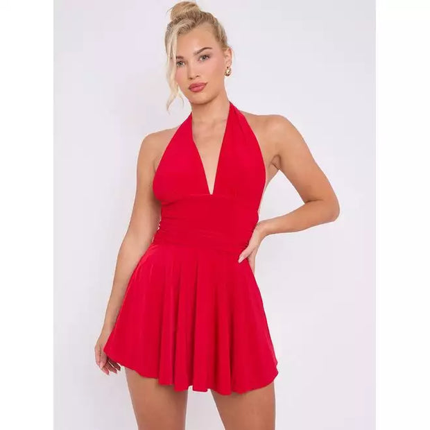 Slinky Halter Neck Frill Mini Dress - Beyond paradise