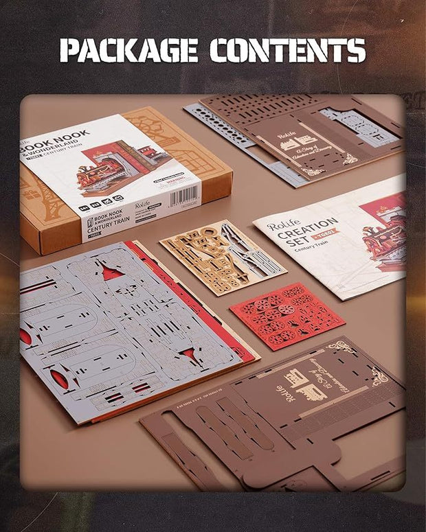 ROBOTIME Book Nook Book Ends Kits Century Train DIY Booknook 3D Wooden Puzzle Model Kit Bookend Bookshelf Decoration Gifts For Adults Kids Teens