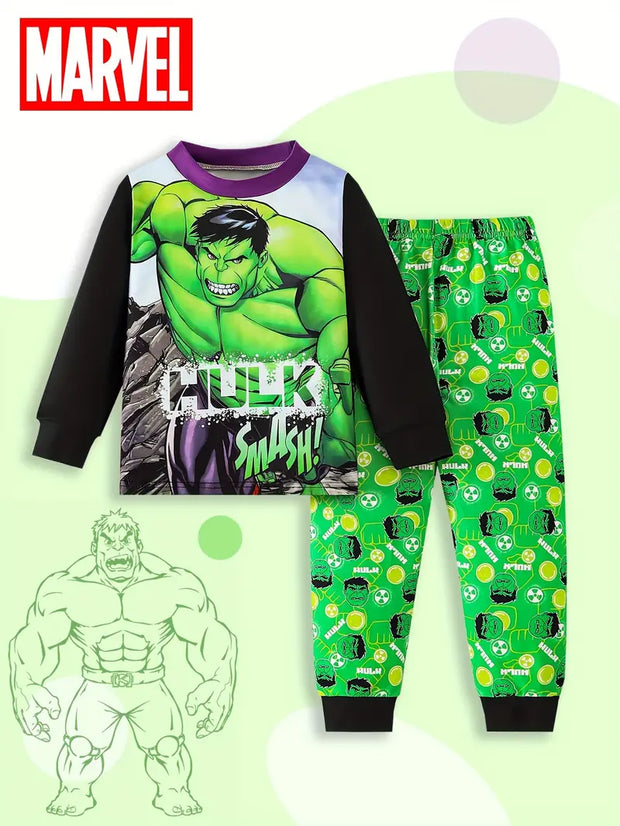 MARVEL Boys' 2pcs Pajama Set, Marvel Heroes Series Hulk Print Round Neck Long Sleeve T-Shirt and Pants, Kids' Loungewear, Flame Retardant Fabric Lightweight Comfortable, Regular Fit for Casual Attire