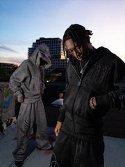 2 Pcs Outerwear Co-ords Y2K Letter Sweatsuit Distressed Patchwork Embroidered Double Hood Tracksuit Streetwear Unisex Baggy Set