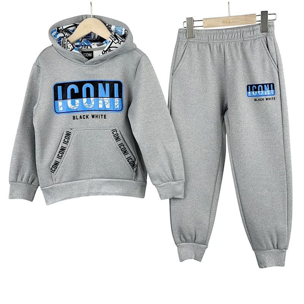 Boys Grey “Iconi” Motif Tracksuit Set 4-14 Years