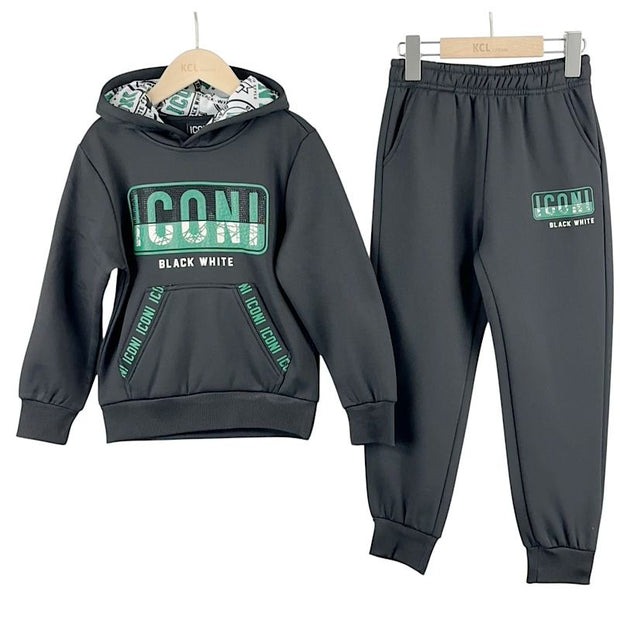 Boys Black “Iconi” Motif Tracksuit Set 4-14 Years