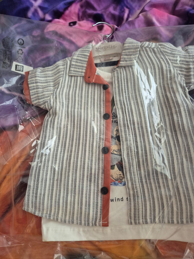 Baby Boys Three Piece Teddy T-Shirt, Stripe Shirt & Denim Shorts Set (9-24M)