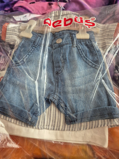 Baby Boys Three Piece Teddy T-Shirt, Stripe Shirt & Denim Shorts Set (9-24M)