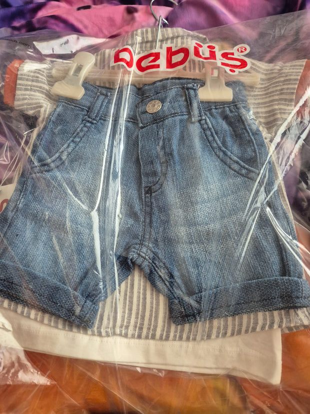 Baby Boys Three Piece Teddy T-Shirt, Stripe Shirt & Denim Shorts Set (9-24M)