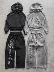 2 Pcs Outerwear Co-ords Y2K Letter Sweatsuit Distressed Patchwork Embroidered Double Hood Tracksuit Streetwear Unisex Baggy Set