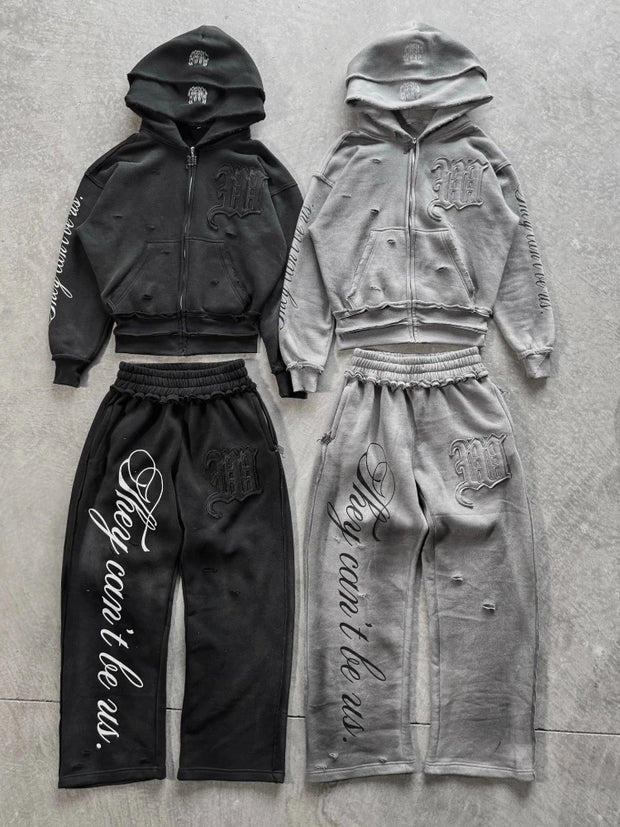 2 Pcs Outerwear Co-ords Y2K Letter Sweatsuit Distressed Patchwork Embroidered Double Hood Tracksuit Streetwear Unisex Baggy Set