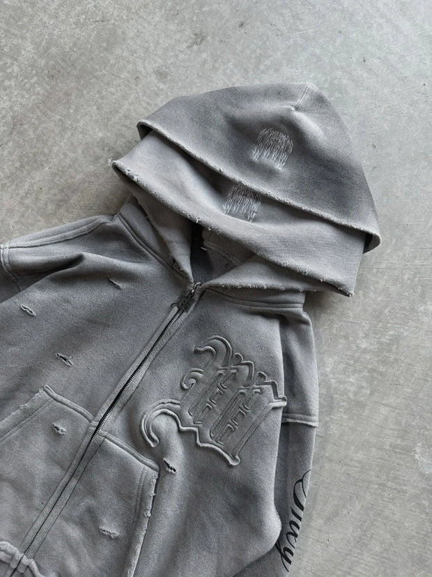 2 Pcs Outerwear Co-ords Y2K Letter Sweatsuit Distressed Patchwork Embroidered Double Hood Tracksuit Streetwear Unisex Baggy Set