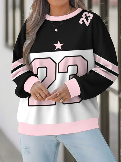 Plus Size - Women'S Plus Size Elegant Sweatshirt - Black & Pink colorblock with Number 23, Medium - Beyond paradise