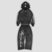 2 Pcs Outerwear Co-ords Y2K Letter Sweatsuit Distressed Patchwork Embroidered Double Hood Tracksuit Streetwear Unisex Baggy Set