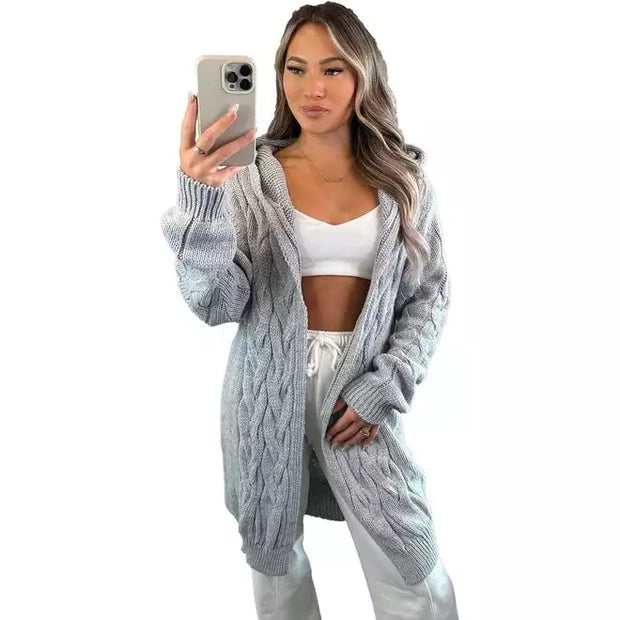 GREY Cable Knitted Longline Hooded Chunky Cardigan - Beyond paradise