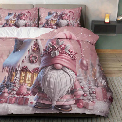 3pcs Duvet Cover Set 1 Duvet+2 Pillowcases (Without filler) Christmas Pink Elf Snowflake Gift theme Holiday bedding set Nordic style Suitable for decoration Bedroom Living Room Beauty Salon Hotel.