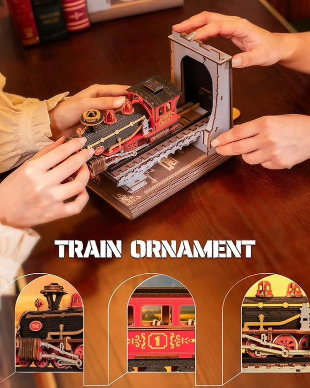 ROBOTIME Book Nook Book Ends Kits Century Train DIY Booknook 3D Wooden Puzzle Model Kit Bookend Bookshelf Decoration Gifts For Adults Kids Teens