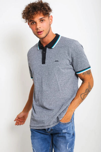 Mens Black Marl Striped Collar Polo Shirt