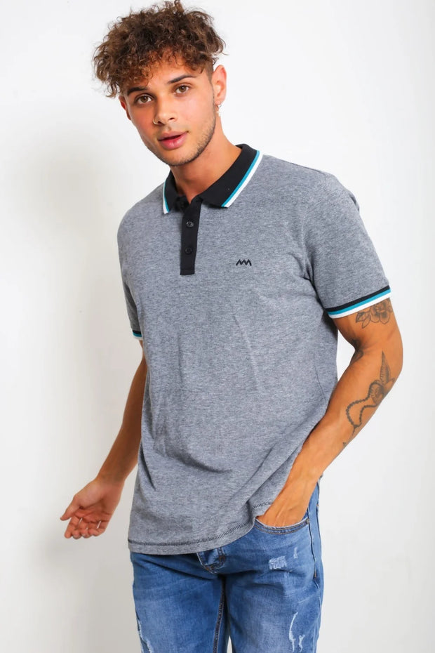Mens Black Marl Striped Collar Polo Shirt