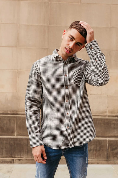 Mens Black Long Sleeve Gingham Shirt