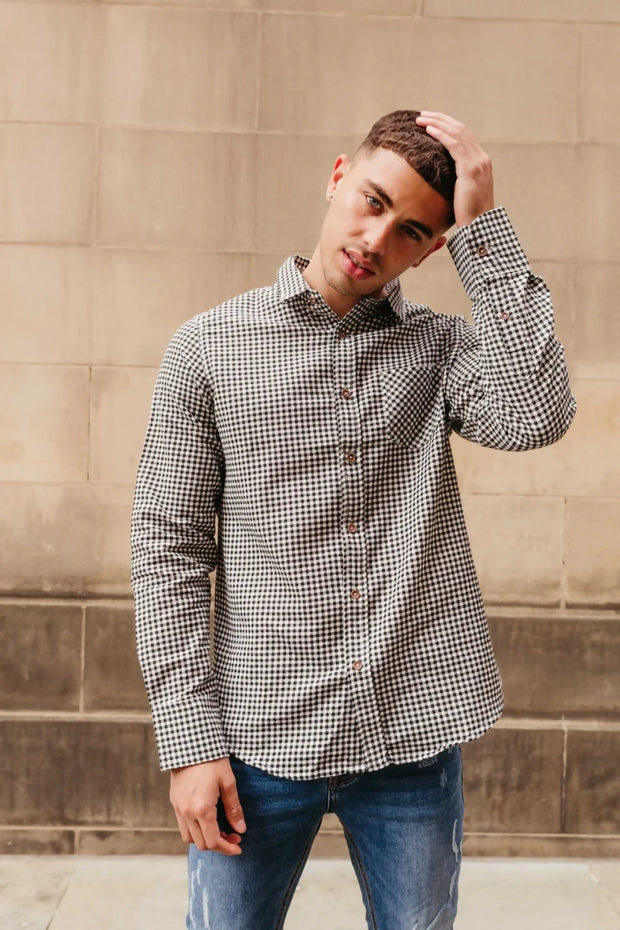 Mens Black Long Sleeve Gingham Shirt