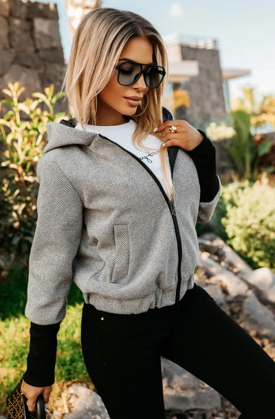 Briana Contrast Hooded Bomber Jacket-Grey - Beyond paradise