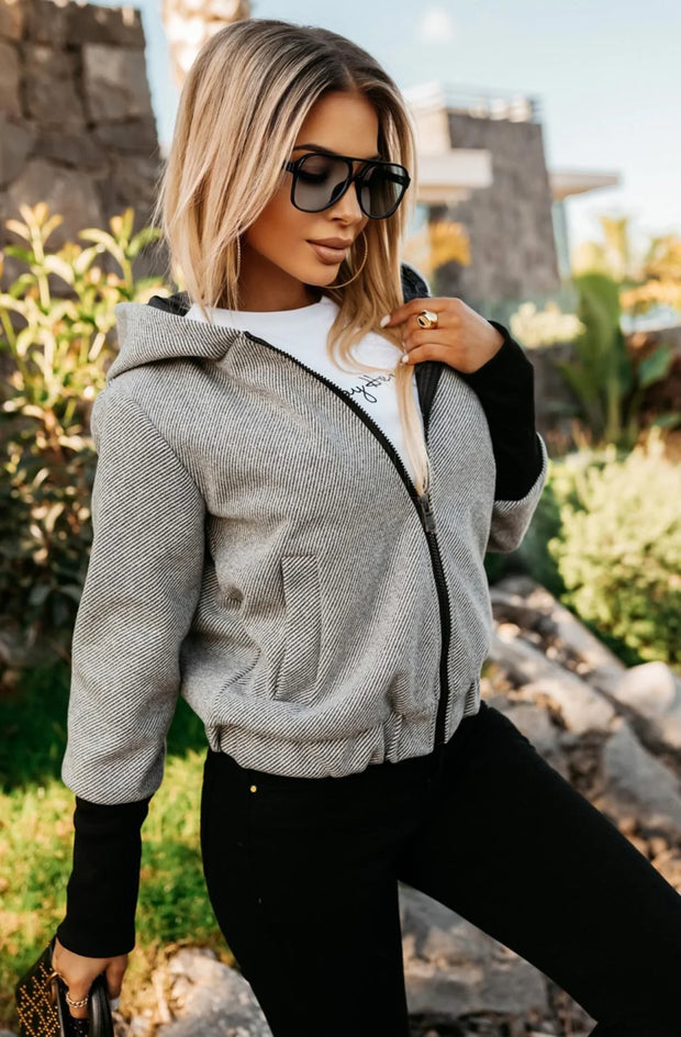 Briana Contrast Hooded Bomber Jacket-Grey - Beyond paradise