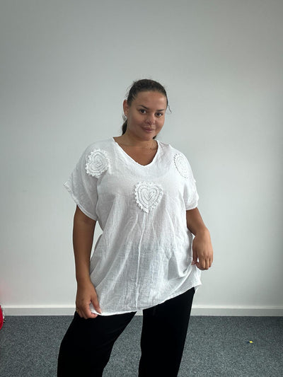 Curve Plus Size White Textured Cotton Tunic with Crochet Heart Appliqué