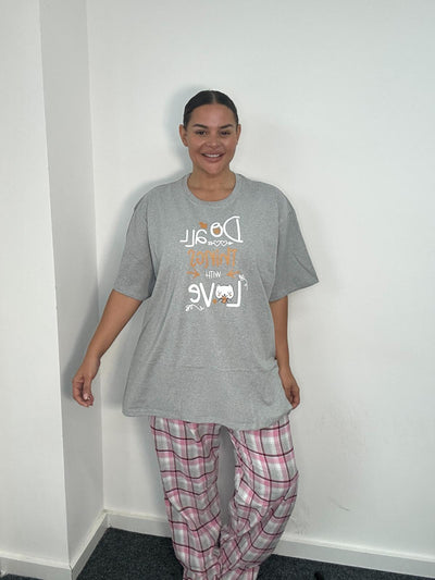 Plus Size Do All Things With Love Grey Graphic T-Shirt & Pink Check Pyjama Set