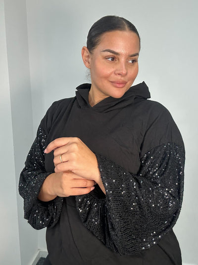 Plus Size Curve Black Hoodie with Sequin Balloon Sleeves