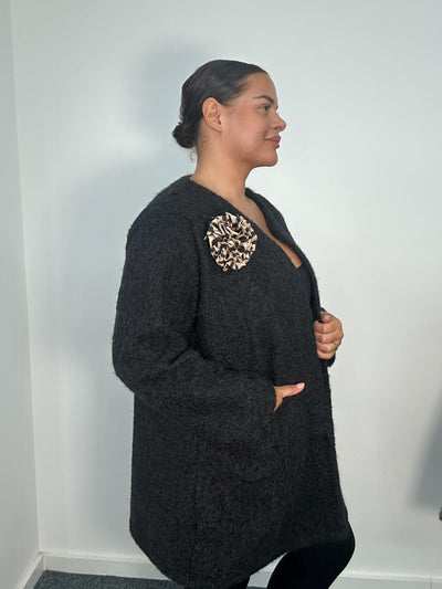 Plus Size Curve Black Textured Open Front Coat with Statement Brooch