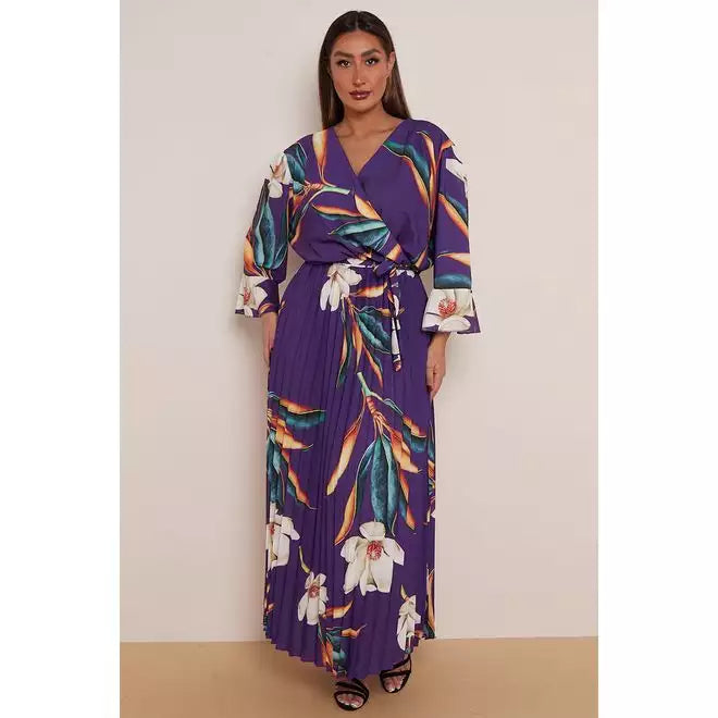 Plus Size Khaki Floral Print Flare Sleeves Pleated Skirt Wrap Dress x 5