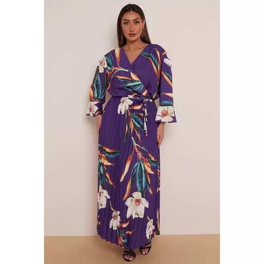 Plus Size Khaki Floral Print Flare Sleeves Pleated Skirt Wrap Dress x 5
