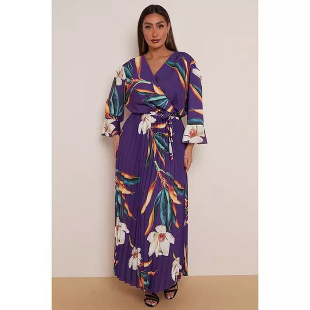 Plus Size Khaki Floral Print Flare Sleeves Pleated Skirt Wrap Dress x 5 - Beyond paradise