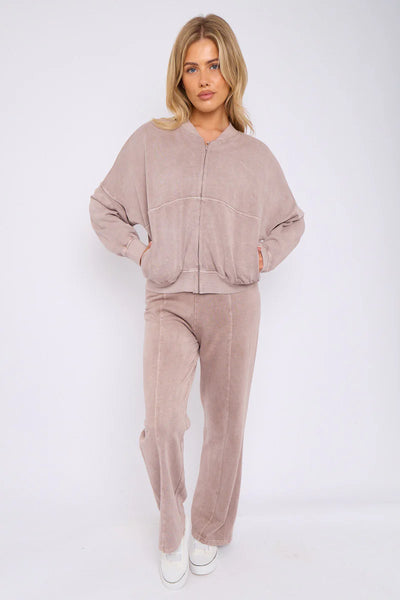 Acid Wash Oversized Bomber Style Fleece Zipper Co-ord