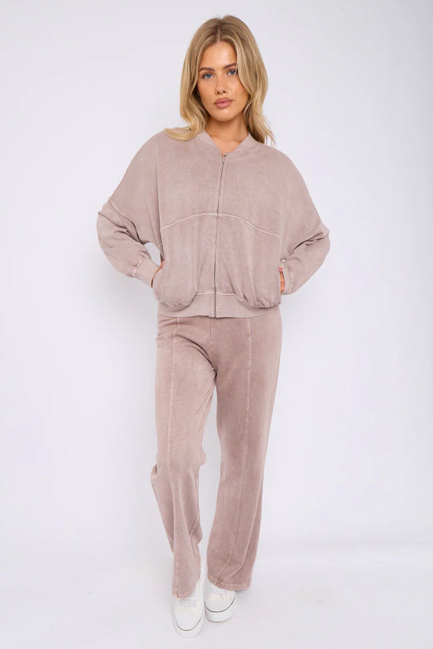 Acid Wash Oversized Bomber Style Fleece Zipper Co-ord