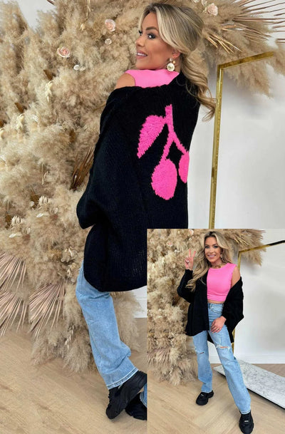 Lara 'Cherry' Printed Longline Knitted Cardigan-Black - Beyond paradise