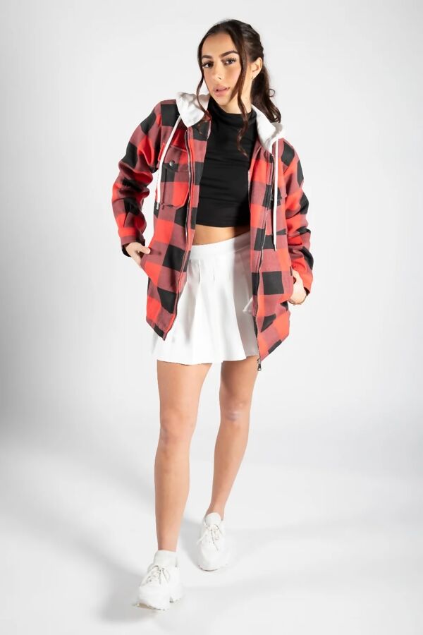 Red Check Shacket With Hood - Beyond paradise