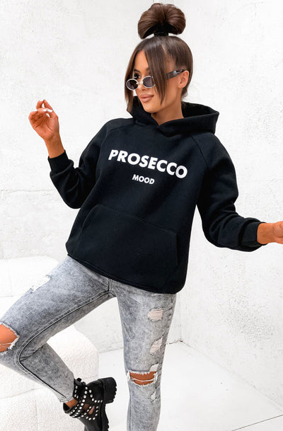 Prosecco Mood' Oversized Hooded Sweatshirt Top-Black - Beyond paradise