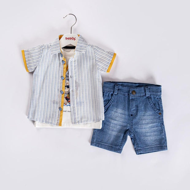 Baby Boys Three Piece Teddy T-Shirt, Stripe Shirt & Denim Shorts Set (9-24M)