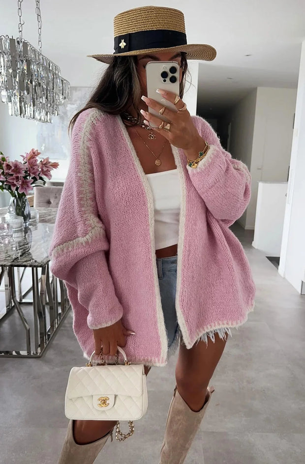 Sadie Contrast Knitted Cardigan-Pink - Beyond paradise