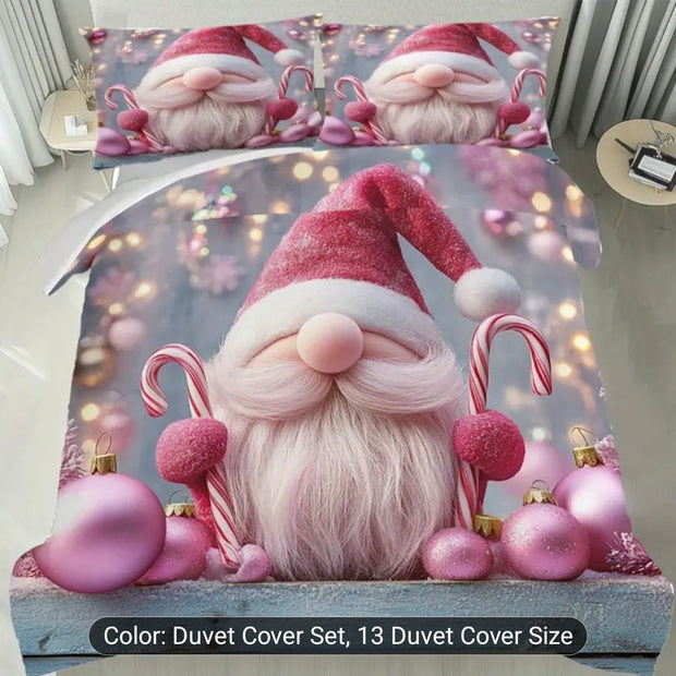 Latacaca 2/3pcs Christmas Gnome Duvet Cover Set Gnome with Candy Canes and Ornaments Bed Cover Set Festive Bedding Set 1 Duvet Cover +1/ 2 Pillowcases Holiday Gift Idea for Merry Christmas Winter Season, Seasonal Home Decor, Holiday Bedding, Whimsical Des