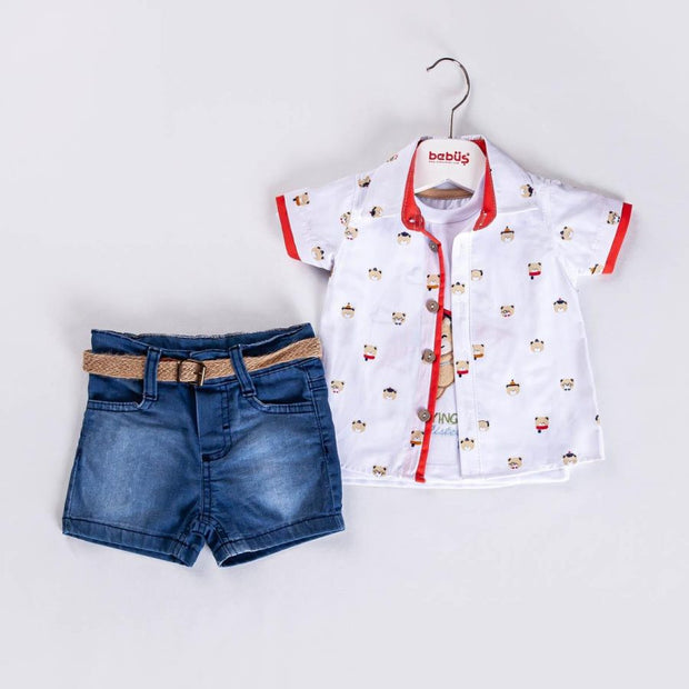 Baby Boys Three Piece Teddy T-Shirt, Shirt & Denim Shorts Set (6-18M)