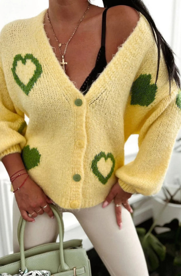 Trinnie Contrast Heart Patterned Knitted Cardigan-Yellow