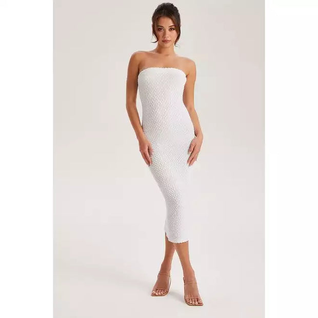 White Textured Bandeau Dress - Beyond paradise