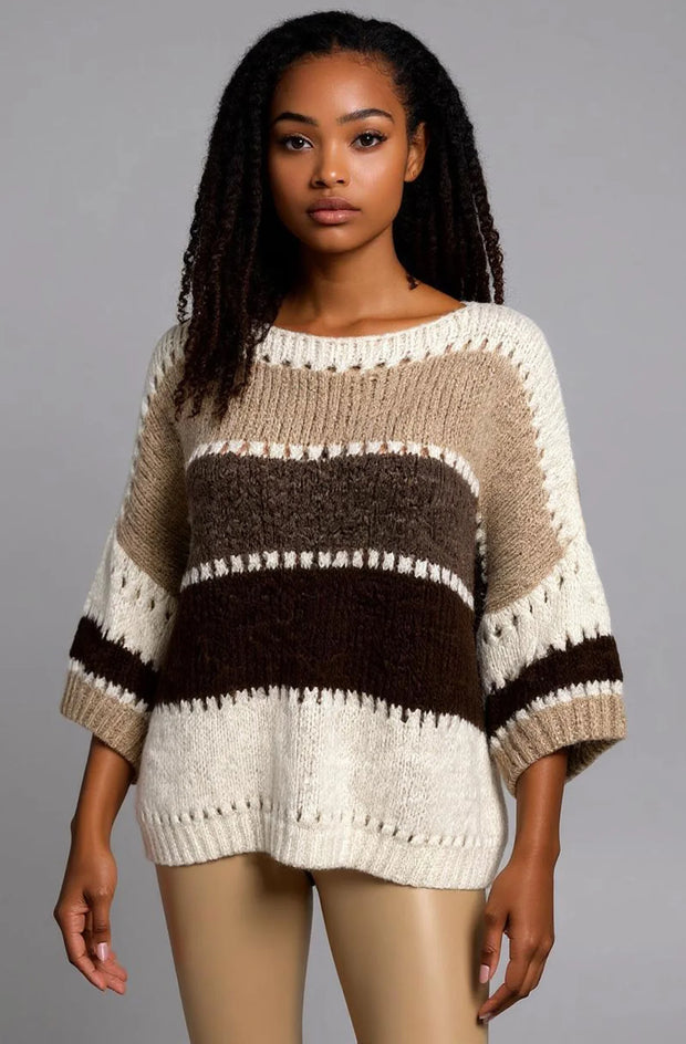 Yanika Block Contrast Light Knitted Jumper-Brown - Beyond paradise