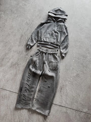 2 Pcs Outerwear Co-ords Y2K Letter Sweatsuit Distressed Patchwork Embroidered Double Hood Tracksuit Streetwear Unisex Baggy Set