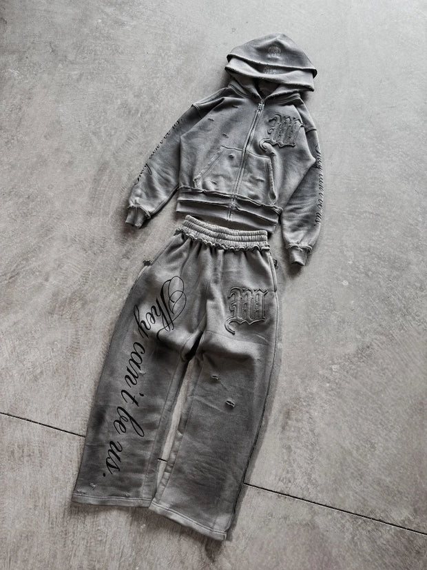 2 Pcs Outerwear Co-ords Y2K Letter Sweatsuit Distressed Patchwork Embroidered Double Hood Tracksuit Streetwear Unisex Baggy Set