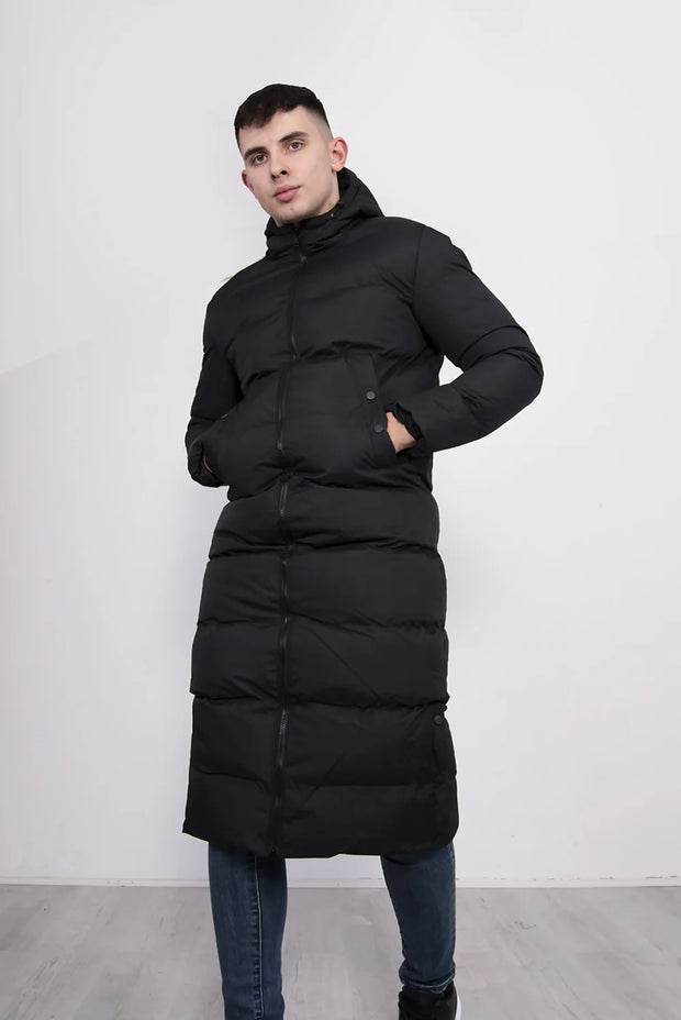 Mens Black Padded Longline Parka Coat