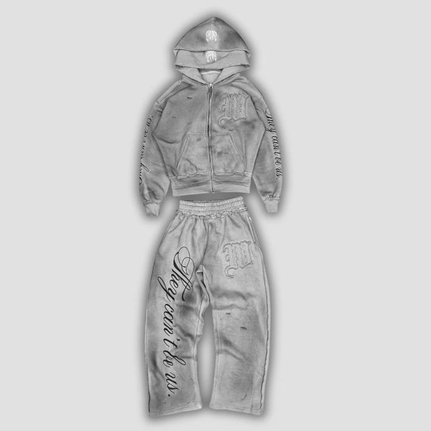 2 Pcs Outerwear Co-ords Y2K Letter Sweatsuit Distressed Patchwork Embroidered Double Hood Tracksuit Streetwear Unisex Baggy Set